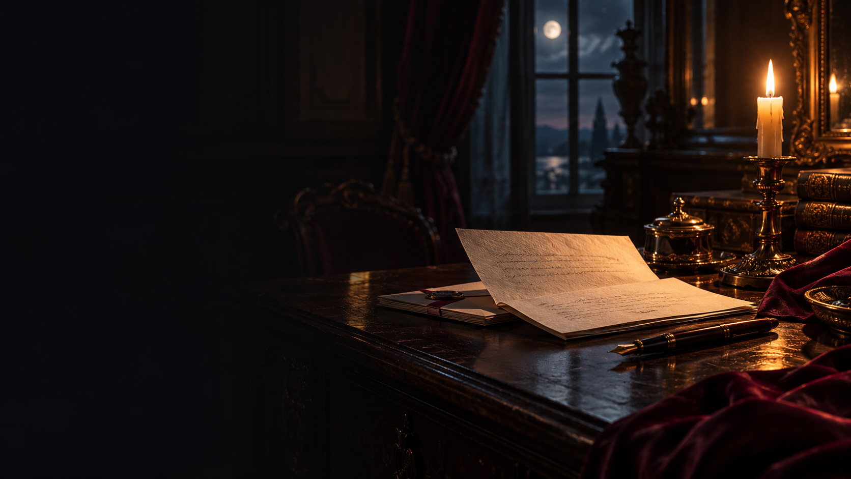 A candlelit writing desk with an open letter, a fountain pen, and moonlight at the window