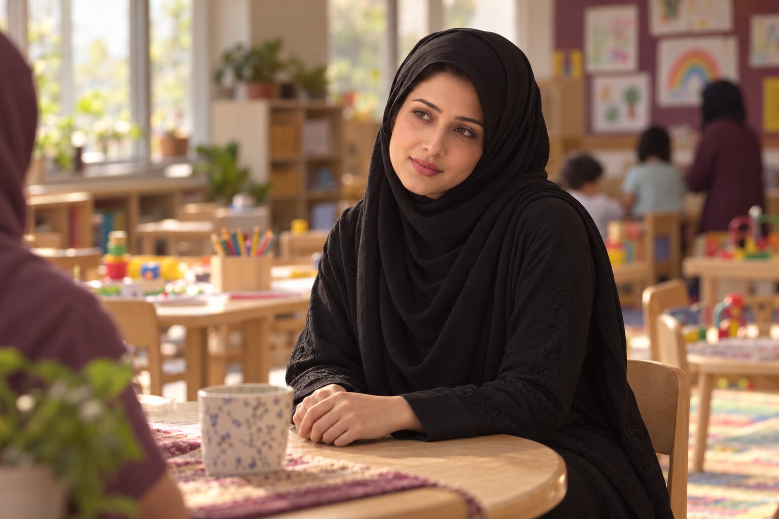 A woman in a black hijab listening thoughtfully across a table at an activity centre.