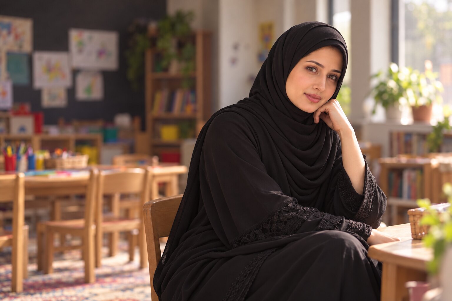 A woman in a black hijab seated in a softly sunlit activity centre.