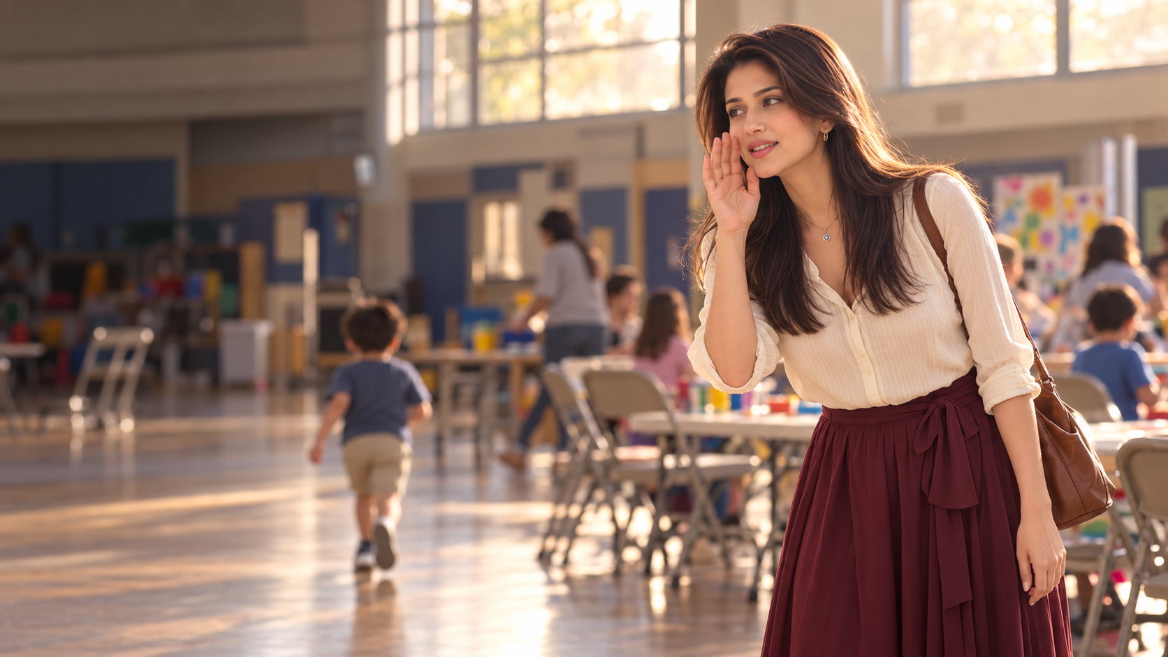 A woman gently calling to her son in a softly lit activity center, with warm late-afternoon light falling through the windows